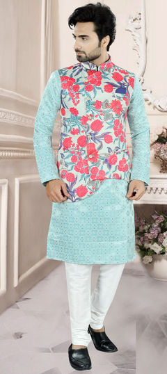 Blue color Kurta Pyjama with Jacket in Jacquard fabric with Digital Print work