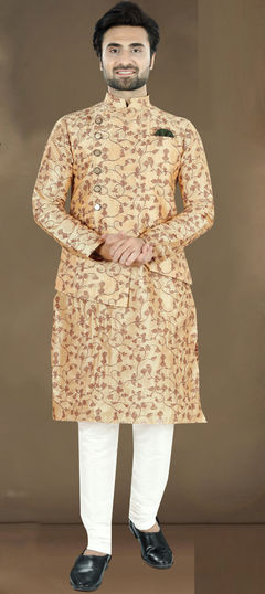 White and Off White color Kurta Pyjama with Jacket in Jacquard fabric with Printed work