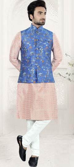 Pink and Majenta color Kurta Pyjama with Jacket in Brocade fabric with Digital Print work