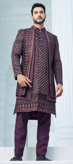 Purple and Violet color IndoWestern Dress in Velvet fabric with Embroidered, Sequence, Thread work