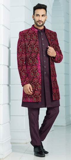 Party Wear Pink and Majenta color IndoWestern Dress in Velvet fabric with Embroidered, Sequence, Thread work : 1912120