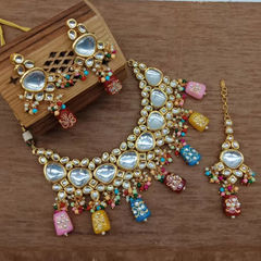 Gold Rodium Polish Multicolor color Necklace in Metal Alloy studded with Kundan