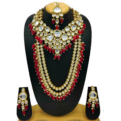 Gold Rodium Polish Red and Maroon color Bridal Jewelry in Metal Alloy studded with Kundan