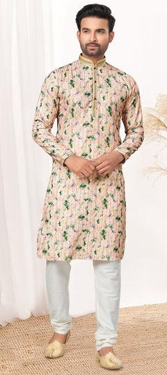 Beige and Brown color Kurta Pyjamas in Cotton fabric with Digital Print, Sequence, Thread work