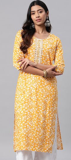 Casual, Summer Yellow color Kurti in Rayon fabric with Straight Embroidered, Printed, Resham, Thread work : 1912253