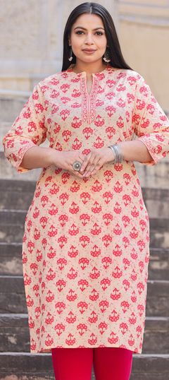 Casual, Summer Beige and Brown, Pink and Majenta color Kurti in Cotton fabric with Straight Printed, Sequence, Zari work : 1912255