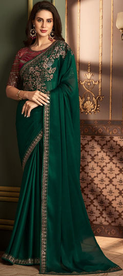 Green color Saree in Silk fabric with Embroidered, Resham, Sequence, Thread work