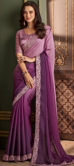 Purple and Violet color Saree in Silk fabric with Embroidered, Resham, Sequence, Thread work