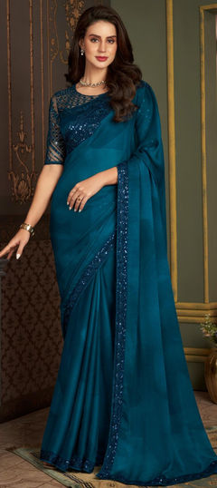 Blue color Saree in Chiffon fabric with Embroidered, Resham, Sequence, Thread work