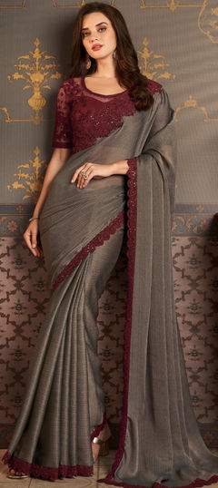 Black and Grey color Saree in Silk fabric with Embroidered, Resham, Sequence, Thread work