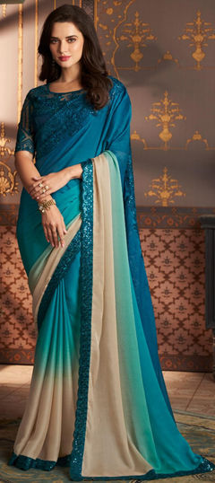 Beige and Brown, Blue color Saree in Silk fabric with Embroidered, Resham, Sequence, Thread work