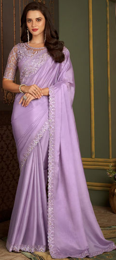 Purple and Violet color Saree in Silk fabric with Embroidered, Resham, Sequence, Thread work