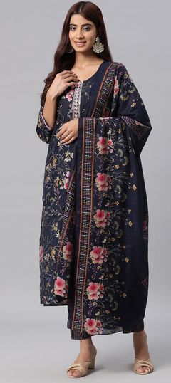 Blue color Salwar Kameez in Muslin fabric with Embroidered, Floral, Printed, Sequence, Thread, Zari work