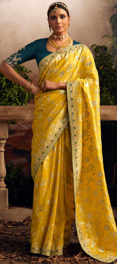 Yellow color Saree in Viscose fabric with Embroidered, Sequence, Thread, Weaving work