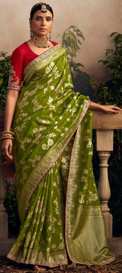 Bridal, Wedding Green color Saree in Viscose fabric with Classic Embroidered, Sequence, Thread, Weaving work : 1912379