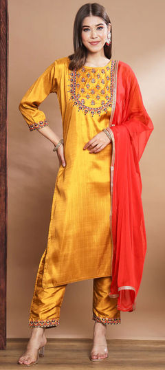 Yellow color Salwar Kameez in Silk cotton fabric with Embroidered, Thread work