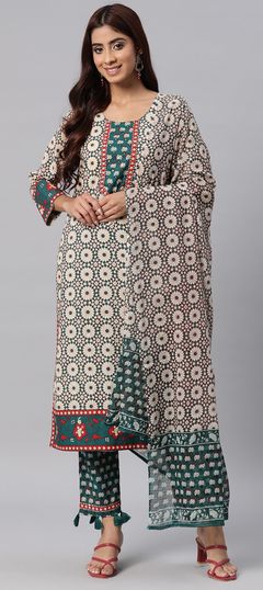 Festive, Party Wear, Summer Beige and Brown, Blue color Salwar Kameez in Cotton fabric with Straight Bugle Beads, Printed work : 1912491