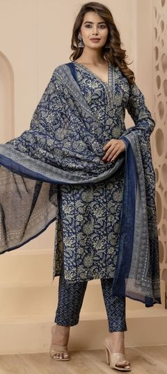 Festive, Party Wear, Summer Blue color Salwar Kameez in Cotton fabric with Straight Bugle Beads, Cut Dana, Floral, Printed work : 1912492