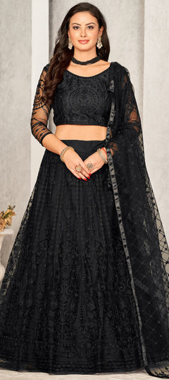 Festive, Mehendi Sangeet, Reception, Wedding Black and Grey color Lehenga in Net fabric with Flared Embroidered, Resham, Thread work : 1912523