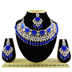 Blue color Necklace in Metal Alloy studded with CZ Diamond, Pearl & Gold Rodium Polish : 1912549