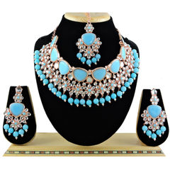 Blue color Necklace in Metal Alloy studded with CZ Diamond, Pearl & Gold Rodium Polish : 1912550