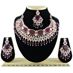 Red and Maroon color Necklace in Metal Alloy studded with CZ Diamond, Pearl & Gold Rodium Polish : 1912553