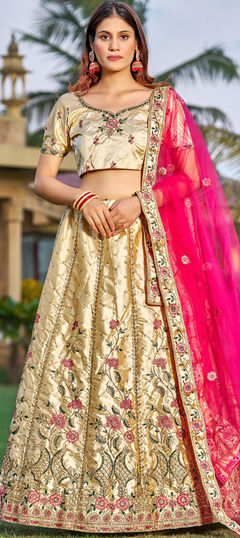 Engagement, Reception, Wedding Beige and Brown color Lehenga in Satin Silk fabric with Flared Embroidered work : 1912565