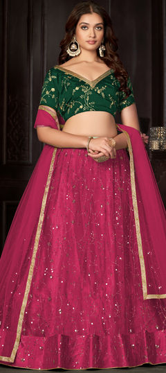 Pink and Majenta color Lehenga in Net fabric with Embroidered, Sequence work