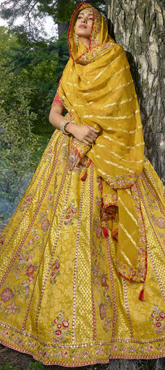 Bridal, Wedding Yellow color Lehenga in Silk fabric with Flared Embroidered, Resham, Sequence, Thread, Zari work : 1912608