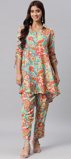 Casual, Summer Green color Co-ords Set in Muslin fabric with Printed, Sequence work : 1912620