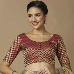 Gold, Red and Maroon color Blouse in Brocade fabric with Weaving work