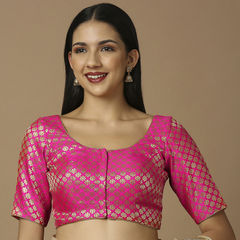 Gold, Pink and Majenta color Blouse in Brocade fabric with Weaving work