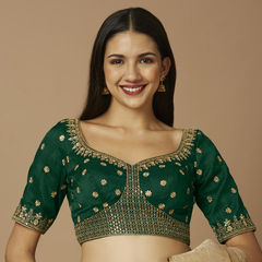 Gold, Green color Blouse in Silk fabric with Embroidered, Thread work