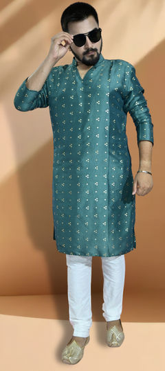 Green color Kurta Pyjamas in Silk fabric with Foil Print work