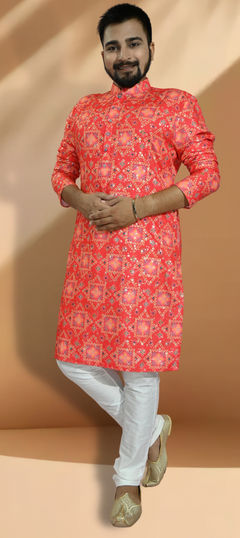 Red and Maroon color Kurta Pyjamas in Silk cotton fabric with Foil Print work