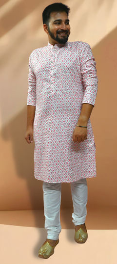 White and Off White color Kurta Pyjamas in Silk cotton fabric with Foil Print work