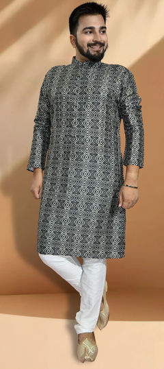 Black and Grey color Kurta Pyjamas in Jacquard fabric with Printed work