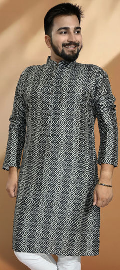 Black and Grey color Kurta in Jacquard fabric with Printed work