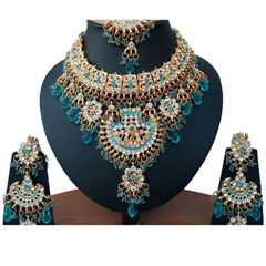 Gold Rodium Polish Blue color Necklace in Metal Alloy studded with CZ Diamond