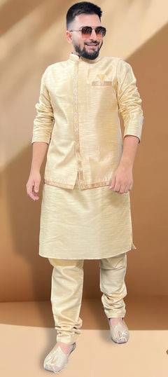 Gold color Kurta Pyjama with Jacket in Silk fabric with Lace work