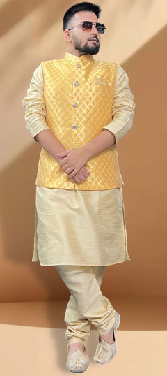 Gold color Kurta Pyjama with Jacket in Silk fabric with Thread work