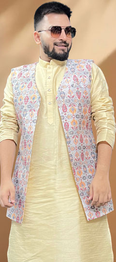 Black and Grey color Nehru Jacket in Silk fabric with Printed work