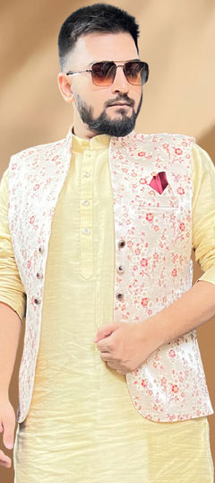 Beige and Brown color Nehru Jacket in Silk fabric with Thread work