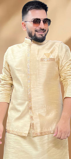 Gold color Nehru Jacket in Silk fabric with Lace work