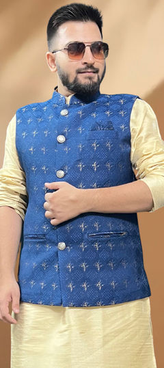 Blue color Nehru Jacket in Silk fabric with Thread work