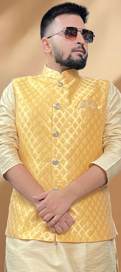 Yellow color Nehru Jacket in Silk fabric with Thread work