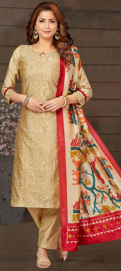 Beige and Brown color Salwar Kameez in Art Silk fabric with Resham, Thread work