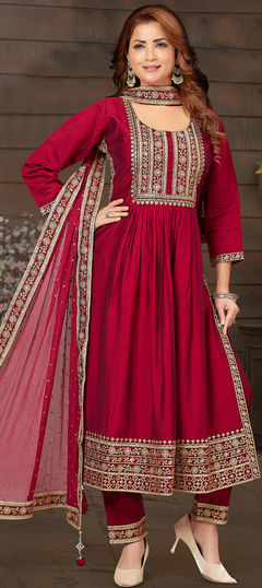 Red and Maroon color Salwar Kameez in Art Silk fabric with Embroidered, Resham, Sequence, Thread work