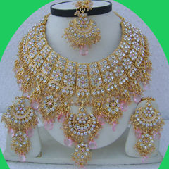 Gold Rodium Polish Pink and Majenta color Necklace in Metal Alloy studded with CZ Diamond