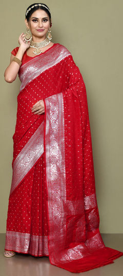 Red and Maroon color Saree in Georgette fabric with Weaving, Zari work